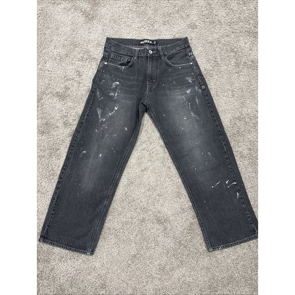 Avirex Men's Embroidered Wide-Leg Denim Jeans Black/Grey, 32X30
